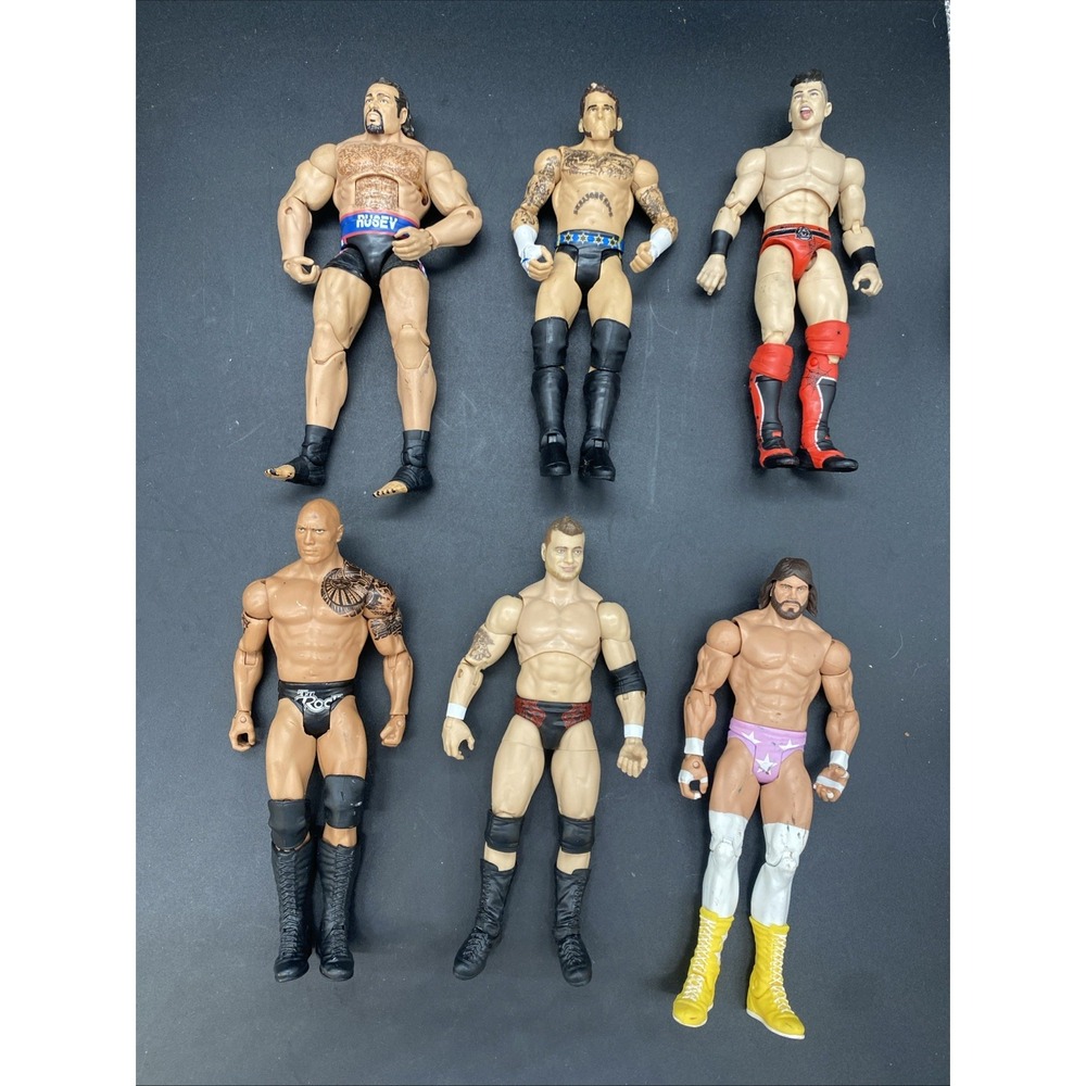Lot Of 6 WWE Action Figures Mixed Wrestling Rock-MJF-Rusev-Guevara-Punk-Macho